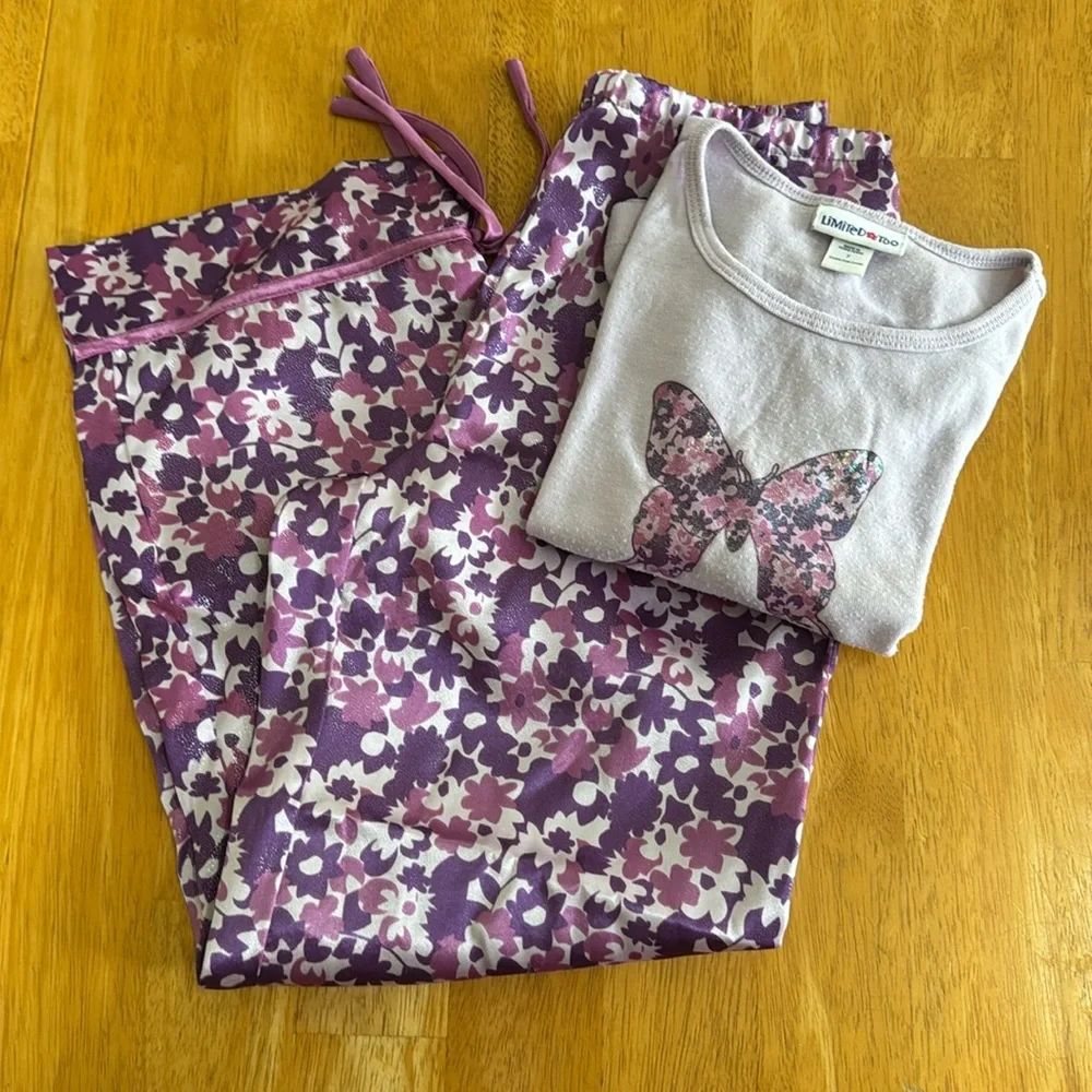 ✋ Girls Limited Too Purple Pink Floral Butterfly Pajama Set Size 7 Silky